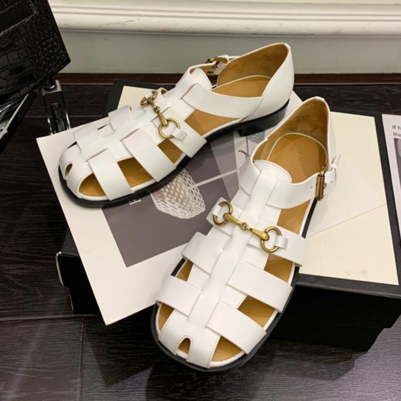 Women Sandals 2024 Summer New Hollow Sandals British Style Retro Women Sandals Woven Closed Thick Bottom Roman Sandals Women