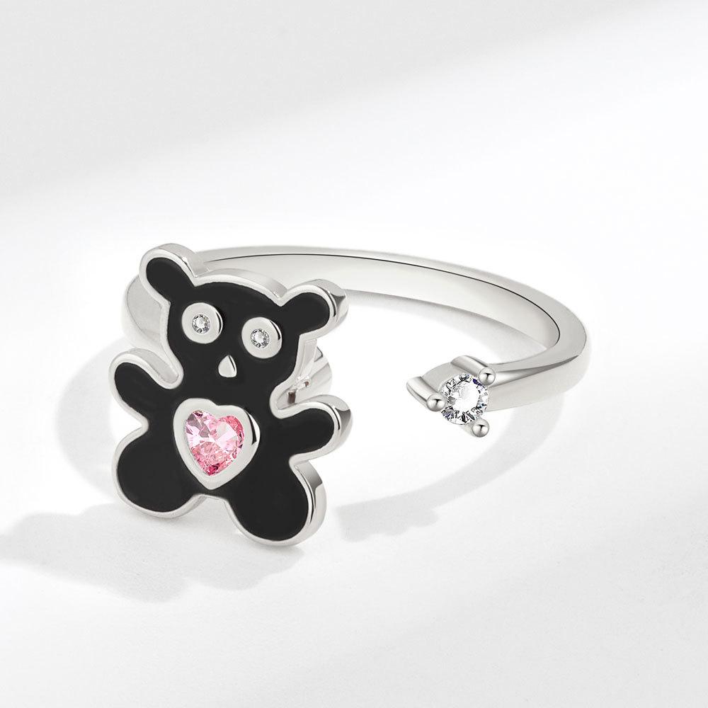 Charming Pink Diamond Bear Rotating Open Ring For Women Micro Paved Trendy Finger Band Jewelry