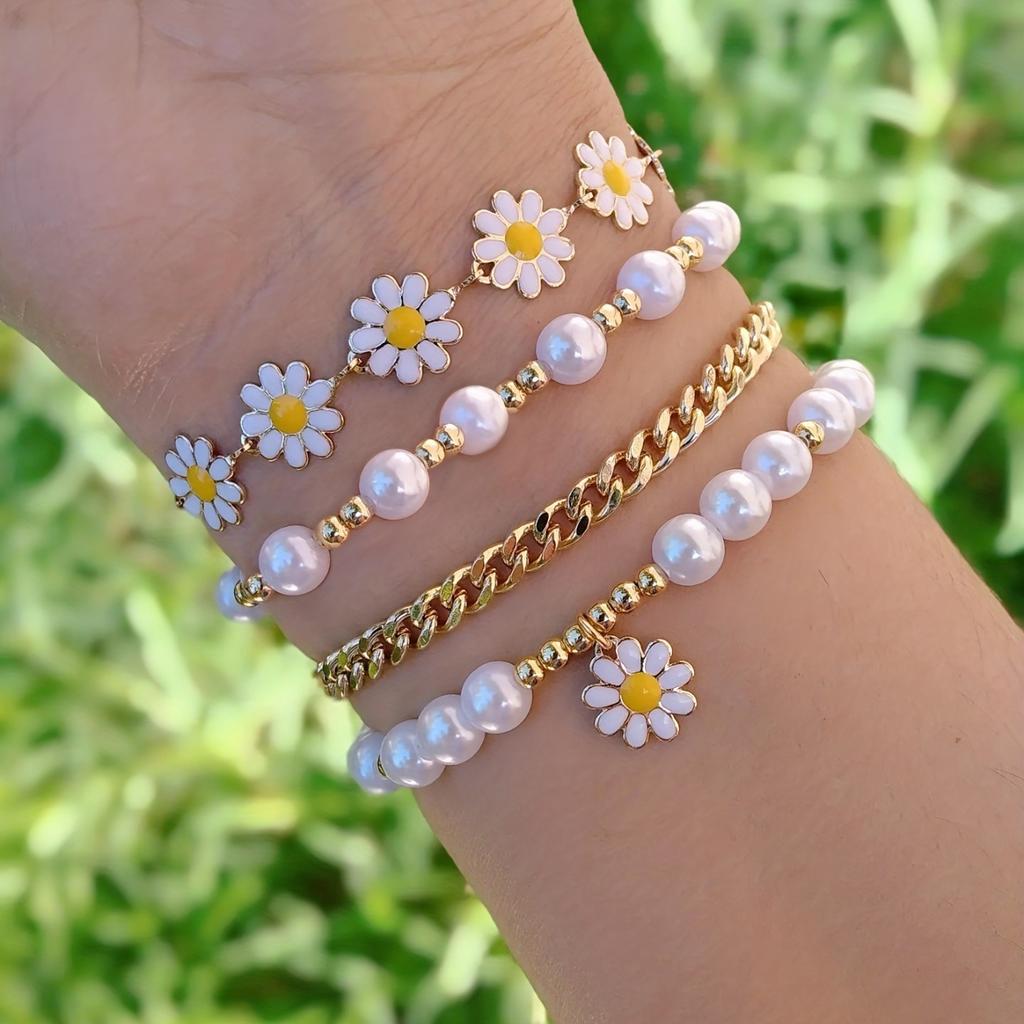 4pc Bohemian Daisy Flower Pendant Beaded Star Heart Bracelet Set for Women Daisy Imitation Pearl Bangles Girls Vintage Jewelry