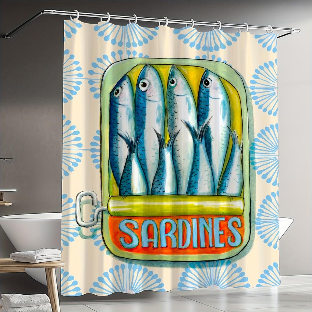 1Pc Chic Sardine Print Shower Curtain -Vibrant Digital Printed Bathroom Decor With Artistic Fish Design Polyester Sardines Decor