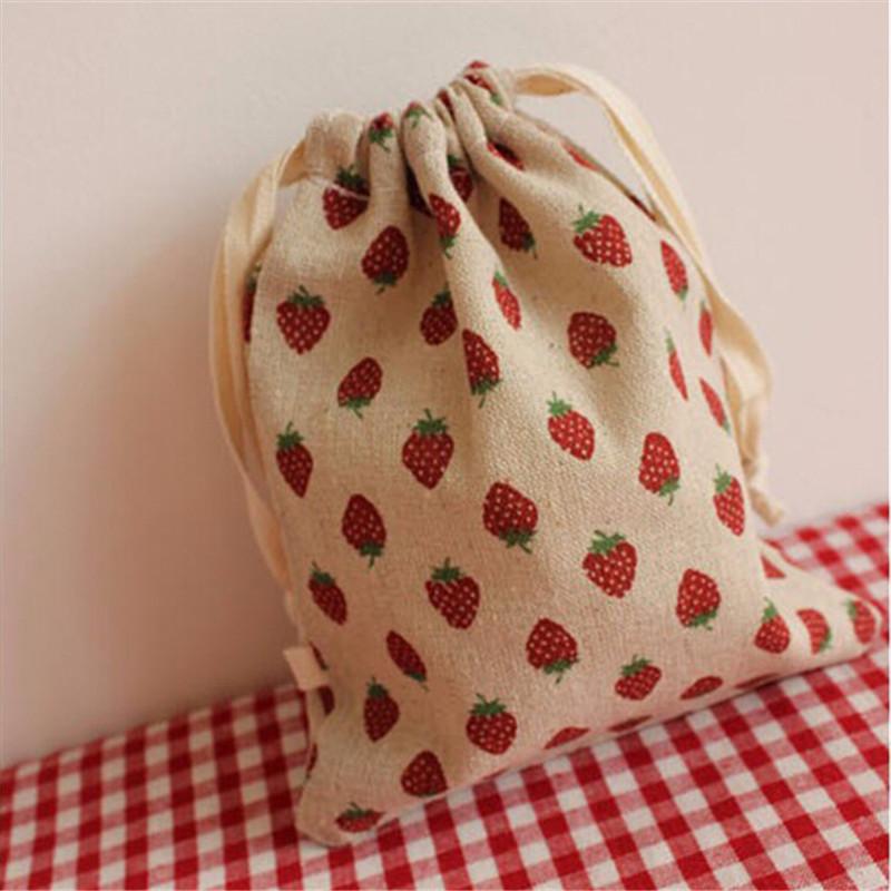 14x16cm Small Cotton Linen Strawberry Drawstring Bag Pocket Xmas Party Gift Packaging