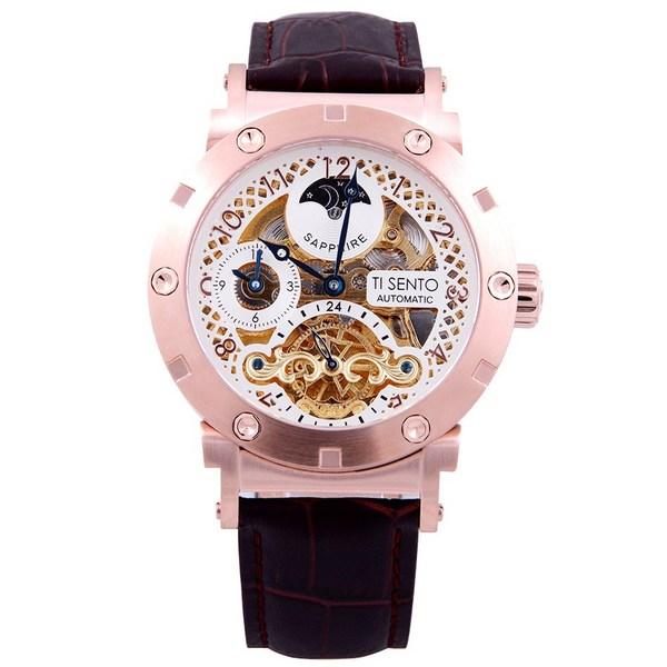 [Ticento]Automatic Men’s Leather Band Skeleton TS50051PKCH, Korean Luxury Watches