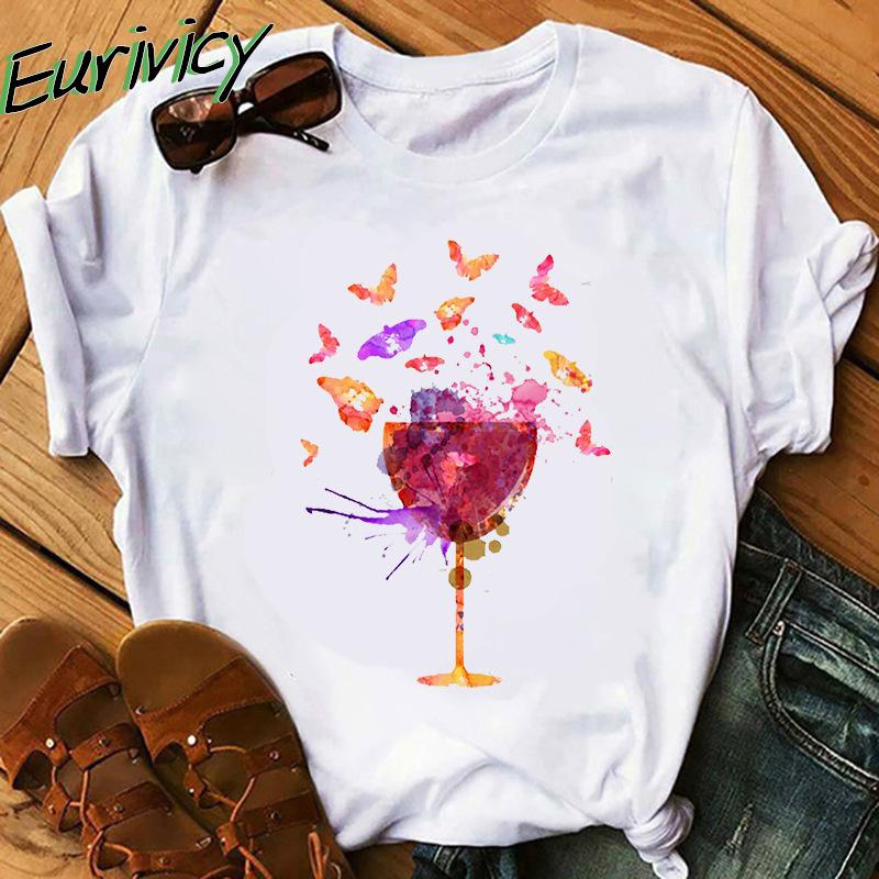 

Eurivicy Женские футболки Вино Бокал с принтом с коротким рукавом Лето O Шея Мода Топы Рубашки