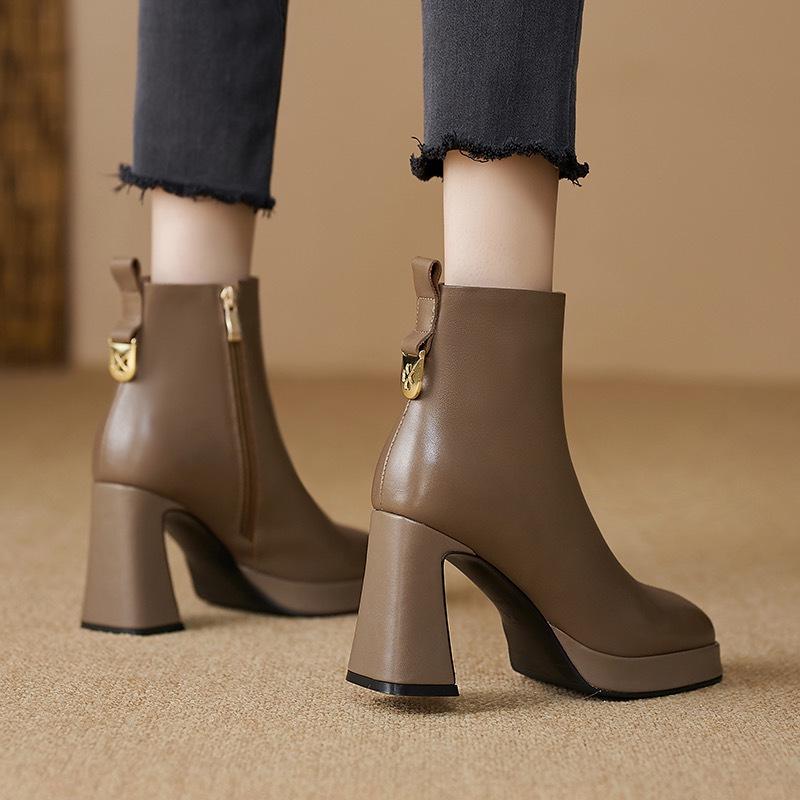 Square Toe Chunky High Heel Women's Boots - Genuine Leather Platform Ankle Boots for Spring & Autumn