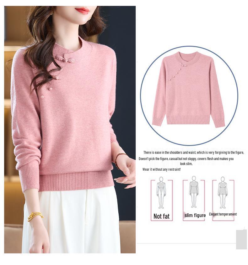 Autumn Winter Chinese Retro Cheongsam Collar Thick Knit Sweater – Fashionable Women's Pullover