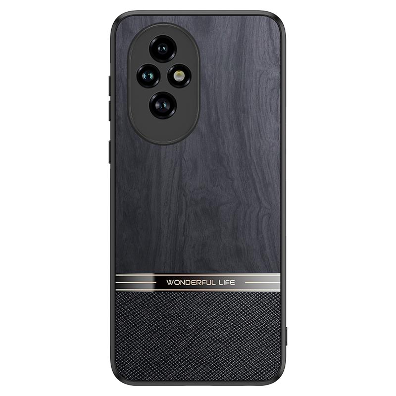 

For Honor 200 Pro 5G Case Wood Texture Leather Coated TPU Phone Protective Cover Black