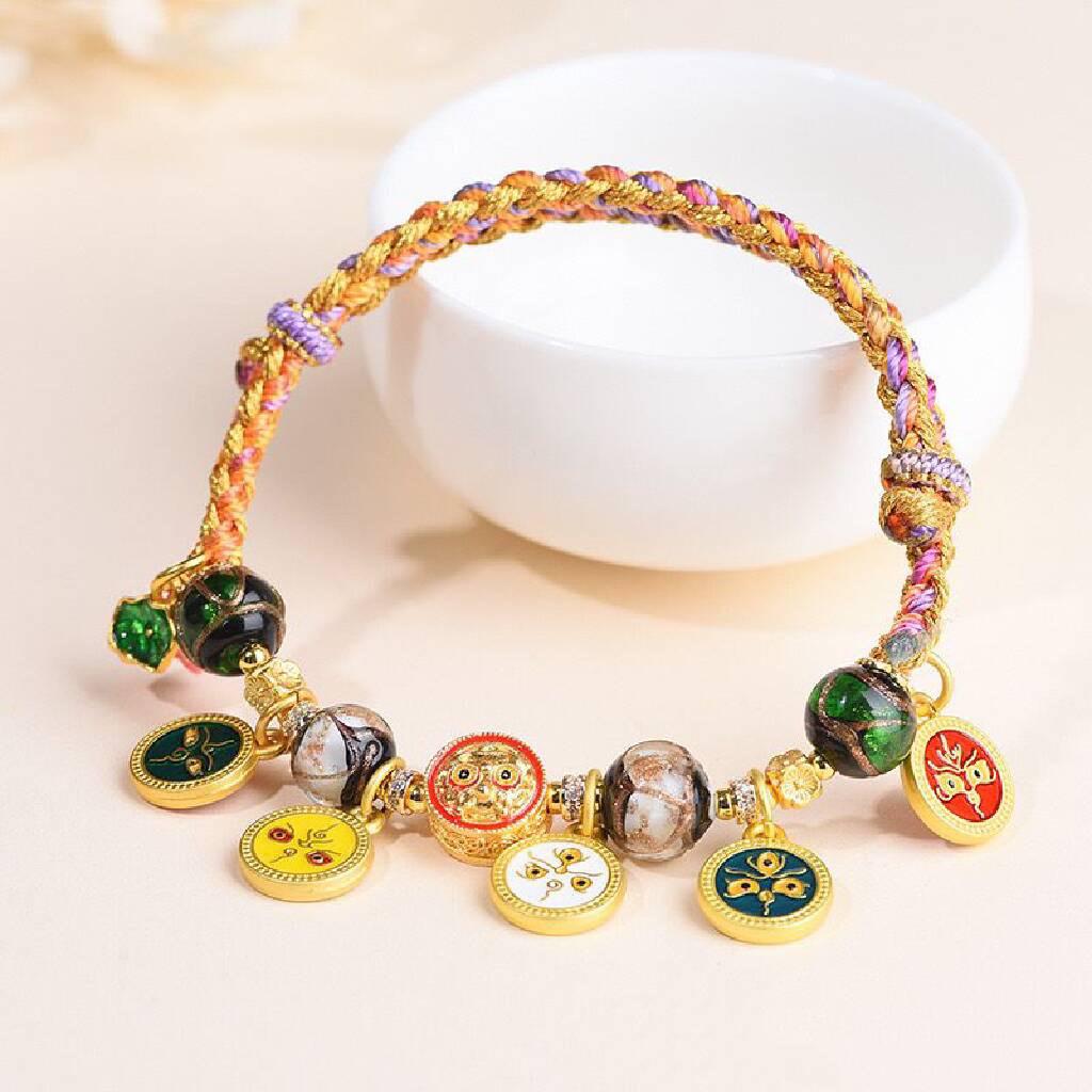 Tibetan-Style Eight Guardian Deities Bracelet with Six Syllable Mantra - Handwoven Cotton Thread Ethnic Reincarnation Gift