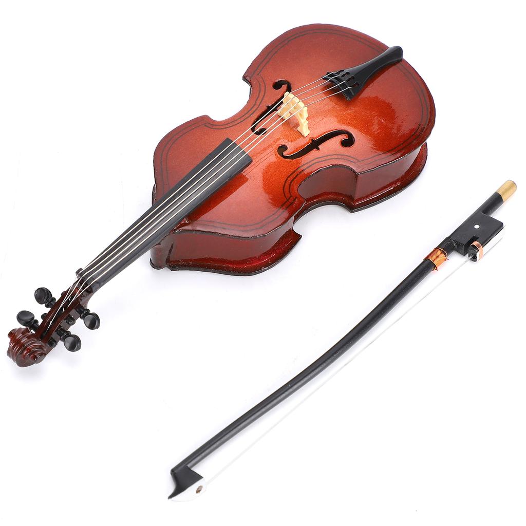 Mininature Musical Instrument Wooden Bass Guitar Model Dollhouse Decoration with Case and Bow