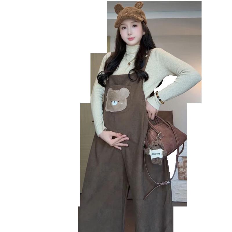 2025 Autumn/Winter Maternity Knitwear + Cartoon Overalls Velvet Two-Piece Set 2XL - 145-165 lbs