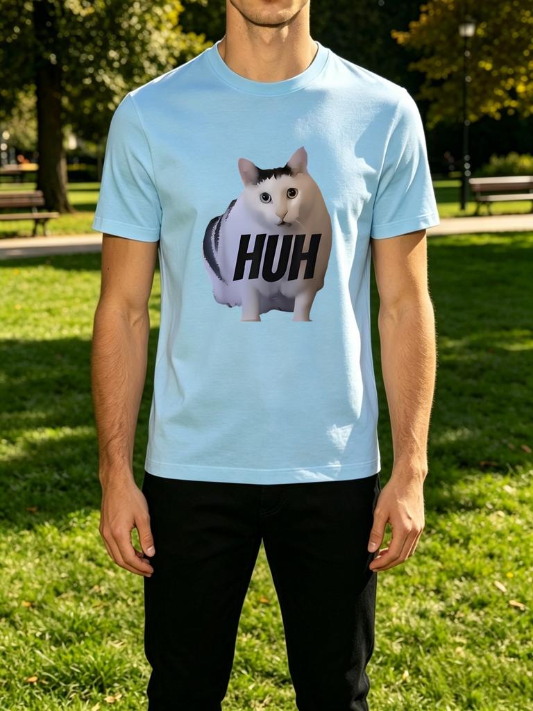 Funny Confused Huh Cat Meme Pattern Front Graphic Print Unisexs Crew Neck Short Sleeve Tee Casual Daily Soft Basic Wear Top