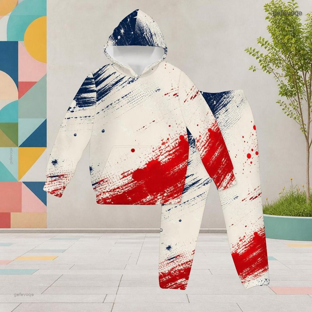 Girls Hooded Long Sleeve Star Firework Printed Dark Blue Two Piece Outfit Kangaroo Pocket Cuffed Pants Set