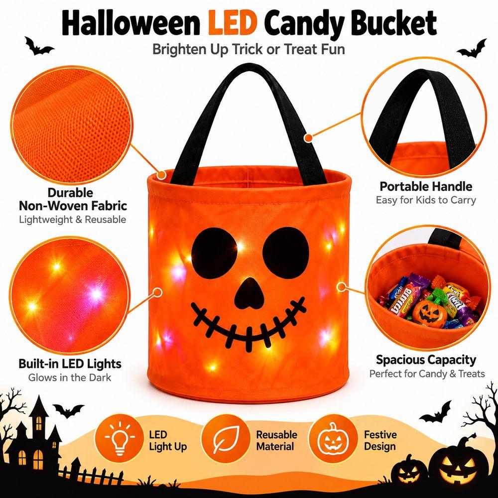 LED Halloween Wiaderko na Cukierki Duch Nadruk Halloweenowa Torba Tote Nowe Wiaderko Dynia Dzieci