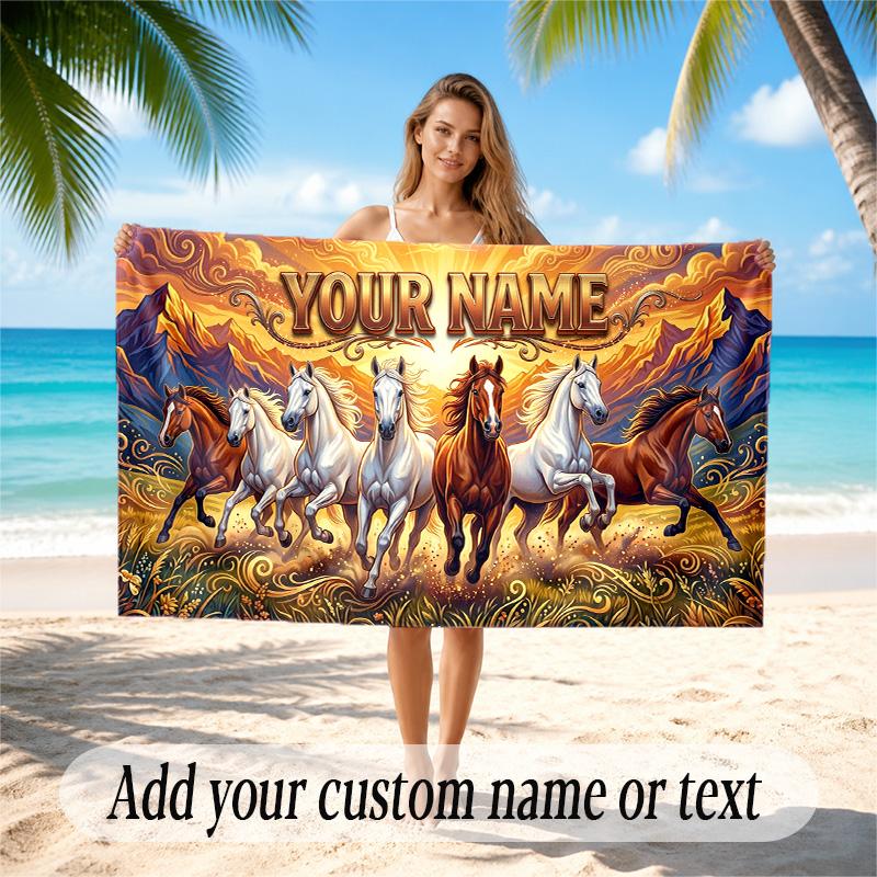 Horse Theme Quick Dry Beach Towel Custom Name Text Print Large Sand Resistant Towel Beach Vacation