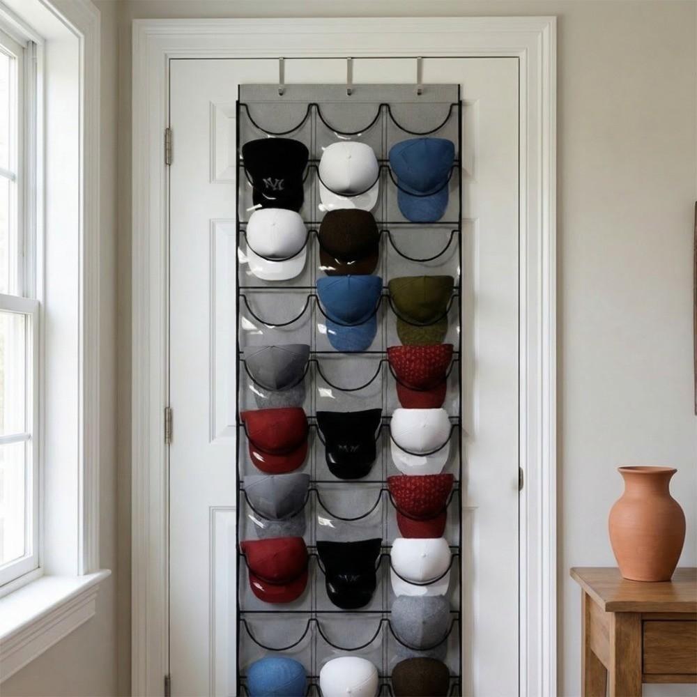 Closet Storage 24 Pockets Hat Rack Grey 3 Hooks Hat Organizer Space Saving Multi Functional Cap Rack Bedroom