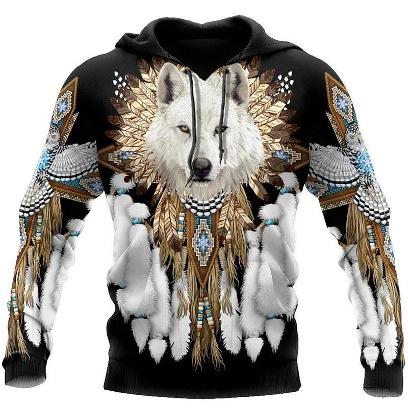 

Men s Wolf Graphic Prints Hoodie Hoodies Sweatshirt Streetwear Basic Casual Long Sleeve Hooded Daily Sports Brown Print Spring & Fall Designer 3XL