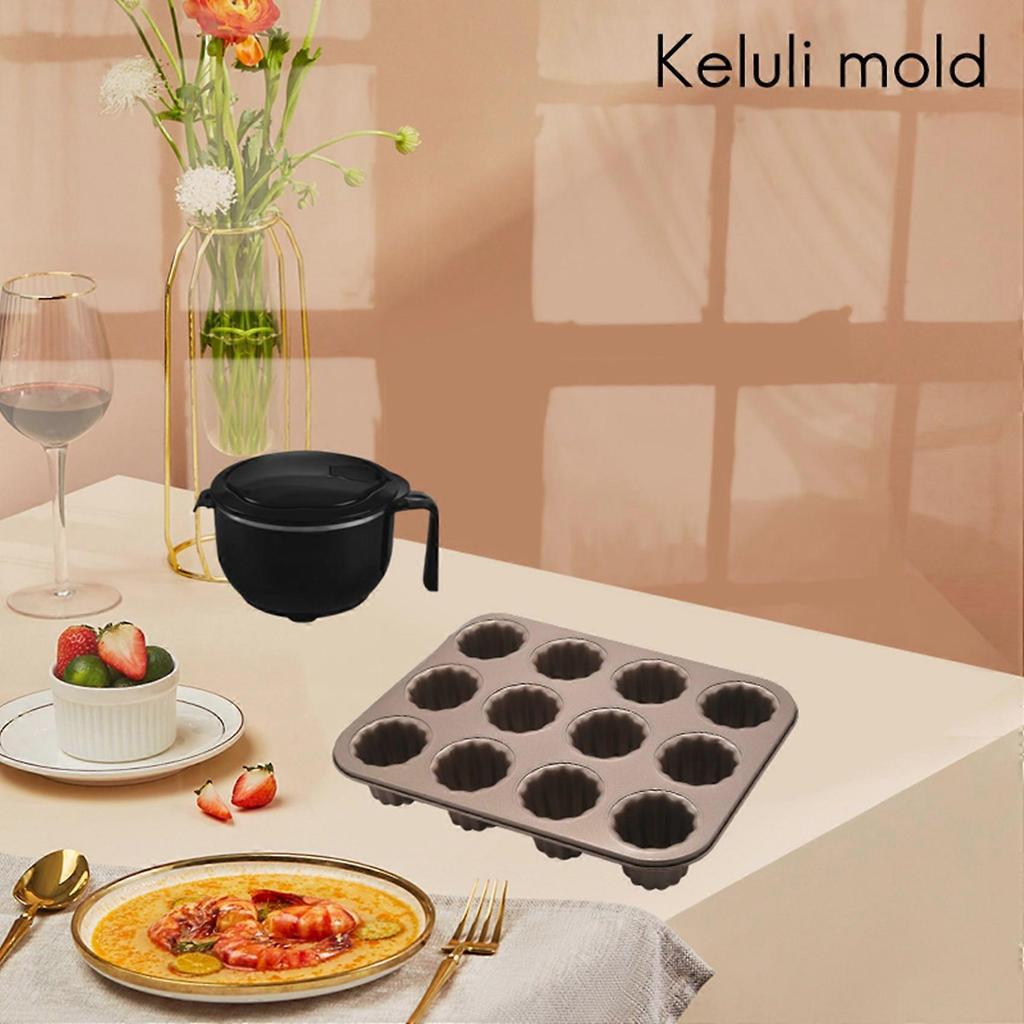 Canele Mold Cake Pan, 12-Cavity Non-Stick Cannele Muffin Bakeware Cupcake Pan for Oven Baking(Champagne Gold)