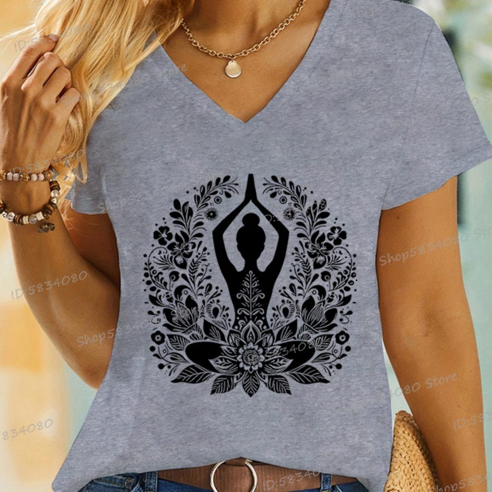 Women's Yoga Floral Shirt Design Graphic Short Sleeve Tee Casual Yoga Lover Gift V-neck Woman T-shirts Yoga Gifts Apparel Tops
