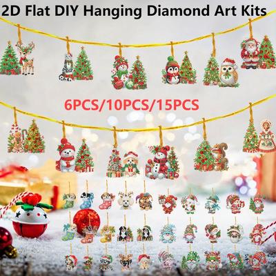 6/10/15 Stück Weihnachts-Thema 2D/Flach DIY Hängende Diamond Art Kits Acryl Strass Diamant Weihnachtsbaum Wand Fenster Anhänger Ornament