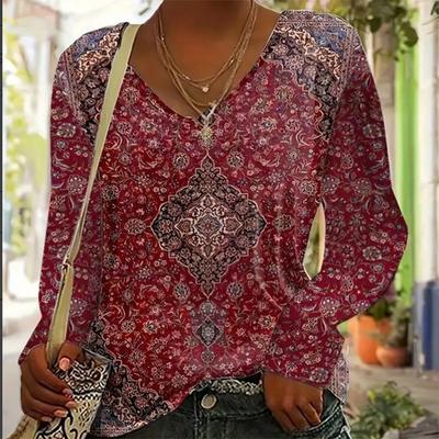 Camiseta blusa top con cuello en V y manga larga con estampado retro para mujer