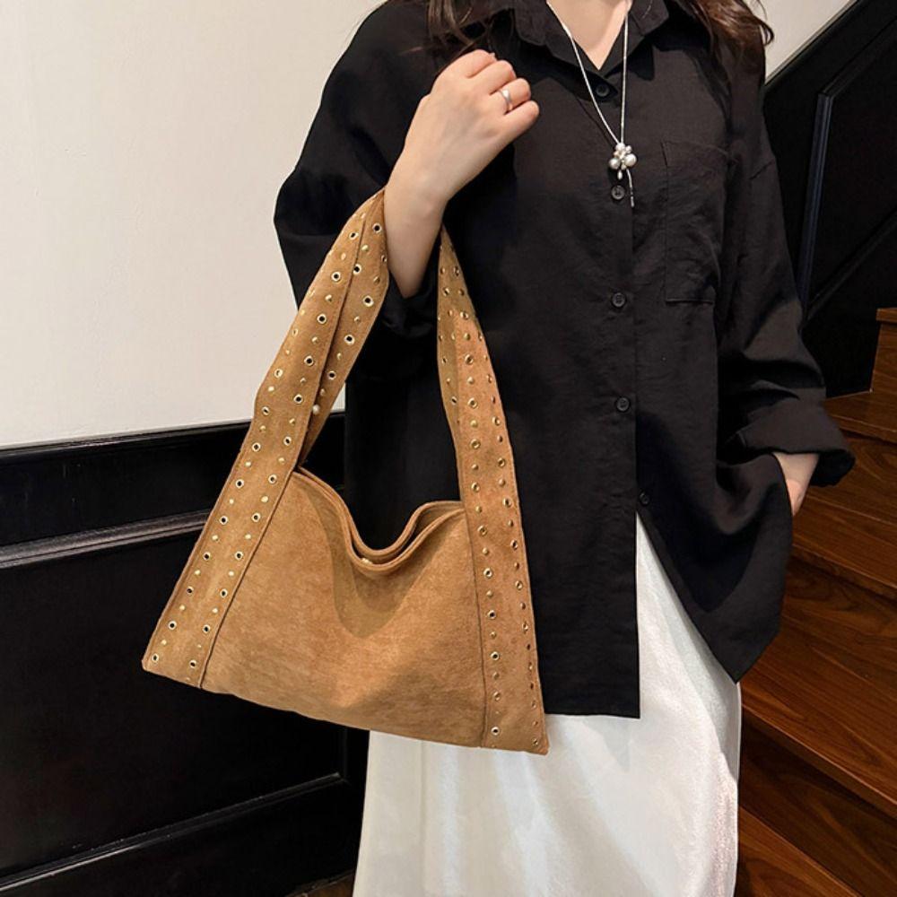 PU Leather Suede Rivet Shoulder Bags Retro American Style Fashion Design Locomotive Style Underarm Bag Korean Style
