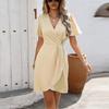 Vestido Feminino Slim Fit Decote V Manga Curta Linha A Cintura Alta Cor Sólida Irregular Um Passo Vestido Primavera Verão S-XL