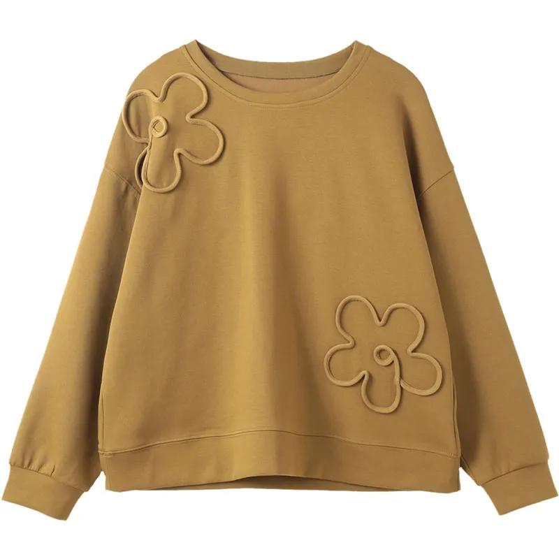 Women's Spring and Autumn Large Size Cotton Sweatshirt Solid Color Round Neck Loose Pullover Top