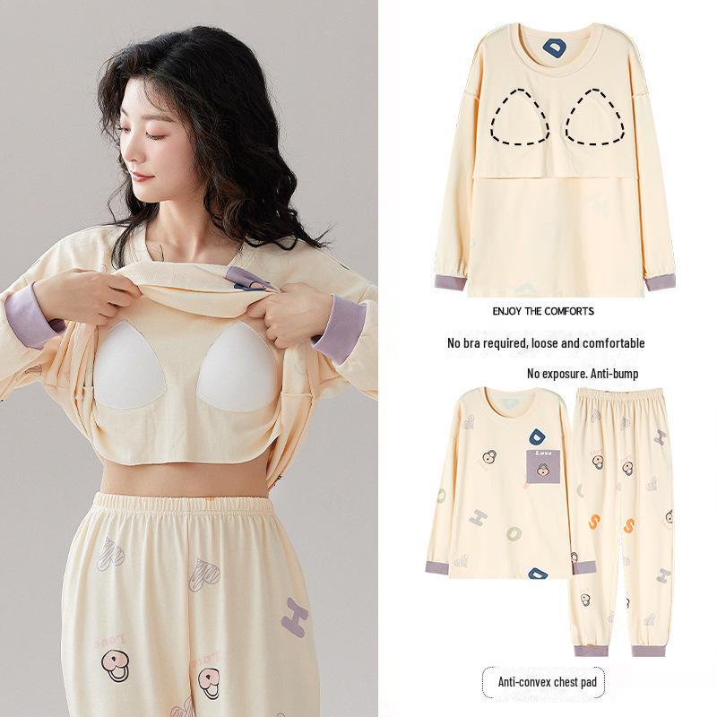 Women's Cartoon Long-Sleeve Pajamas with Chest Pads - Lightweight Home Loungewear for Autumn and Spring