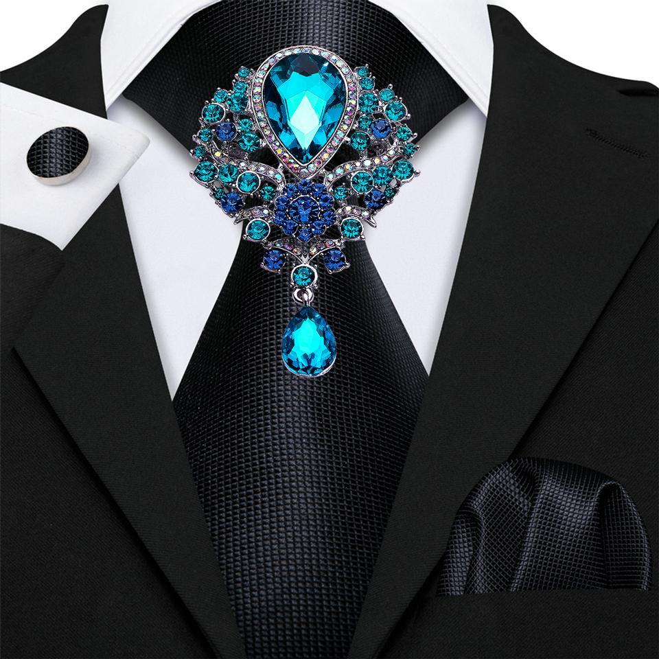 Mens Fashion Black Tie with Brooch Formal Silk Necktie Hanky Cufflink Set