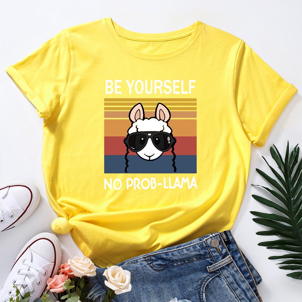 Women's Cute Alpaca Print Loose Round Neck Short Sleeved T-shirt for Women Shirt