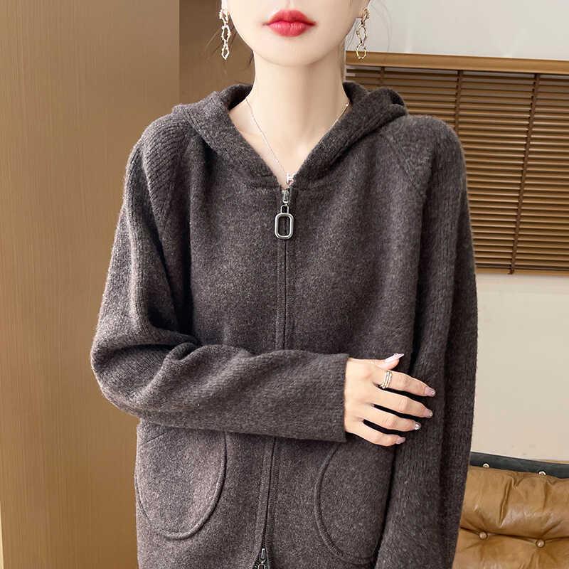 Women's Hooded Knit Cardigan 2024: Stylish Loose-Fit Zipper Sweater for Autumn-Winter