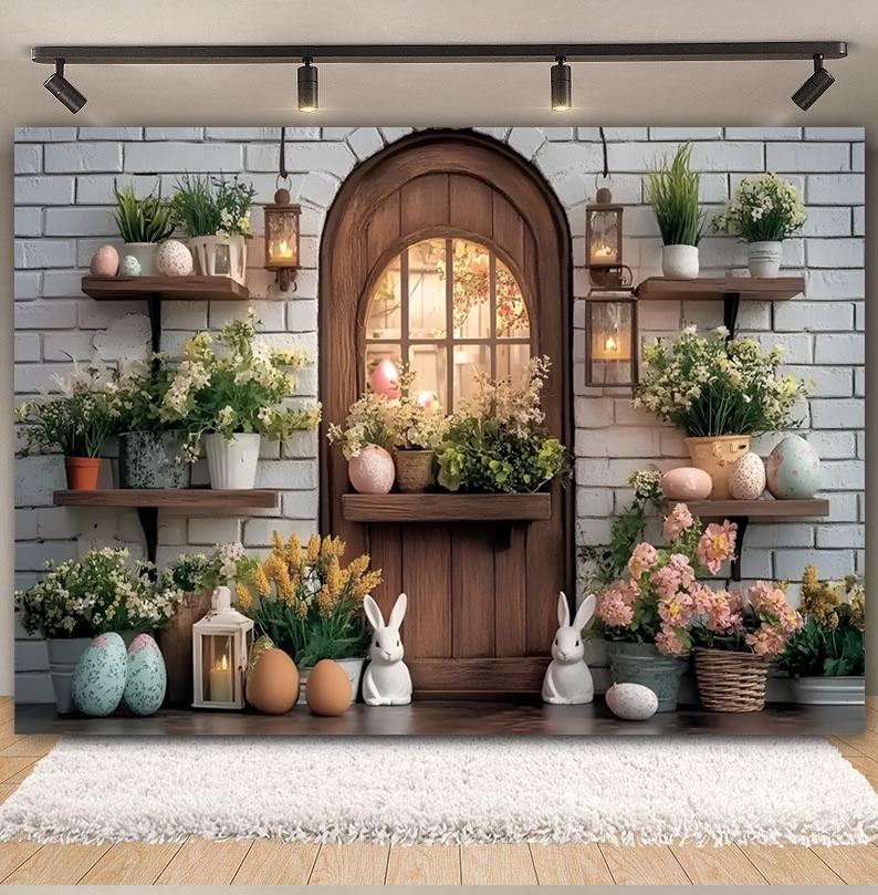 Easter white brick wall flower rabbit Easter egg shooting Backdrop spring flower wall children's birthday party banner Backdrop