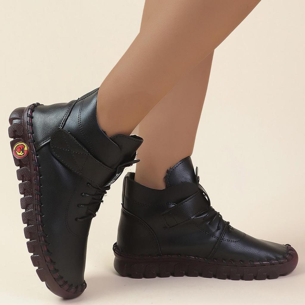 2024 Autumn/Winter Plus Size Women’s Leather Ankle Boots, Round Toe Flat Heel Velcro Style