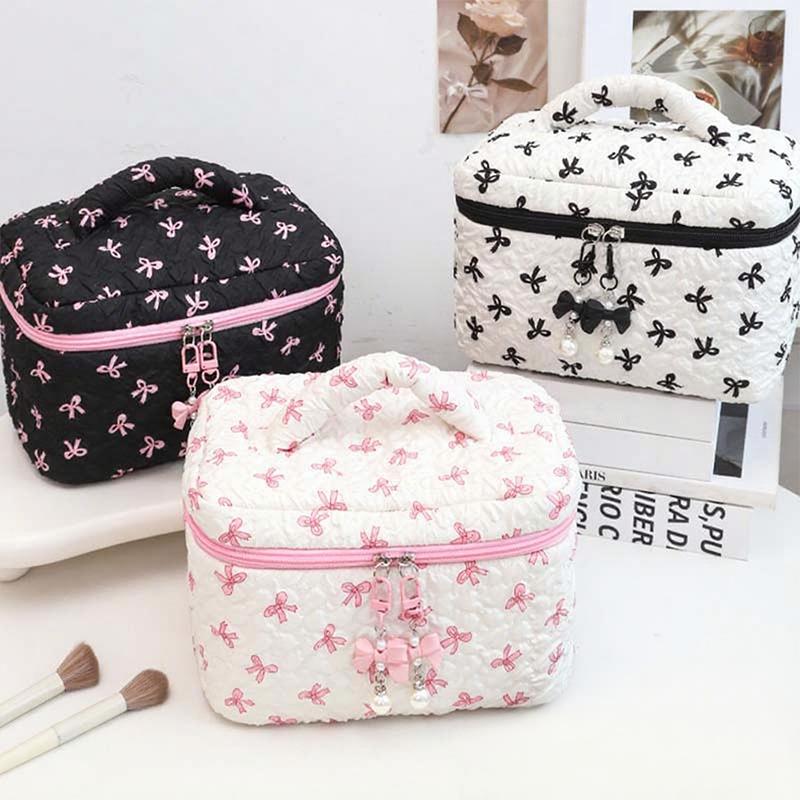 WTEMPO Elegant Bow Printed Makeup Bags Large Capacity High-end Women's Nail Care Handbags Travel Cosmetics Storage Bags Double Head Zipper Purses