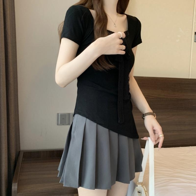 Summer Short Sleeve Women's Solid O-Neck irregular Pullovers korean Lace ribbon t-Shirts y2k Tops Female Slim pure cotton Tees