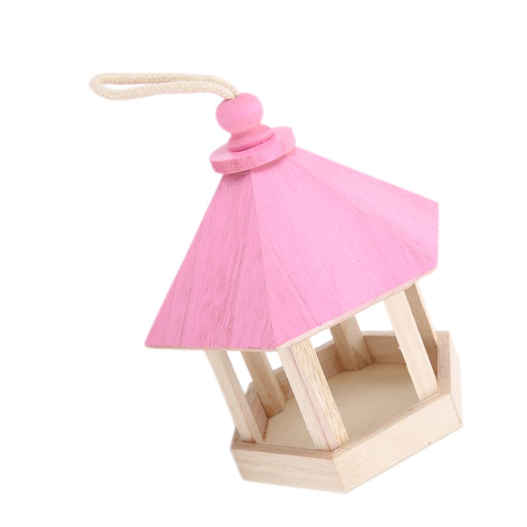 Wooden Bird Feeder Handmaking Outdoor Hanging Parrots Birdhouse Feeder with RoofPink