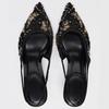 Fashion Bling Black Mesh String Bead Embellish Brand Pumps Women Elegant Pointed Toe Back Strap Thin Heel Slide Sandals Party Dress Shoe