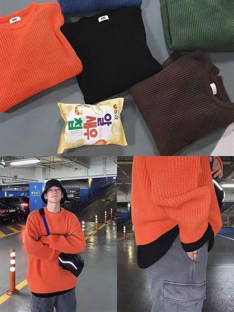 Men's Retro Korean Style Loose Knit Sweater - Solid Color, Round Neck, Autumn/Winter Trend.