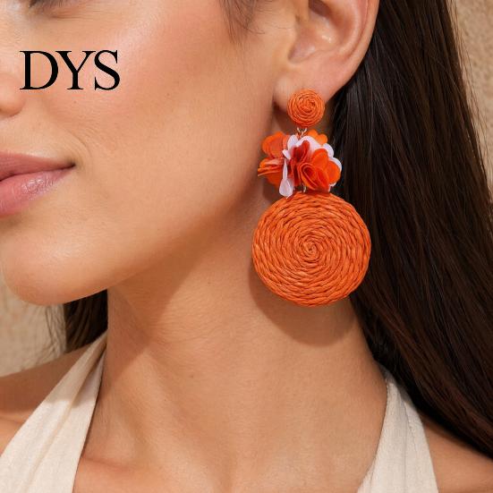 Handmade Boho Jewelry 1 Pair Raffia Flower Earrings for Women, Rattan Lightweight Woven Round Drop Dangle Earrings, Straw Summer Beach Vacation