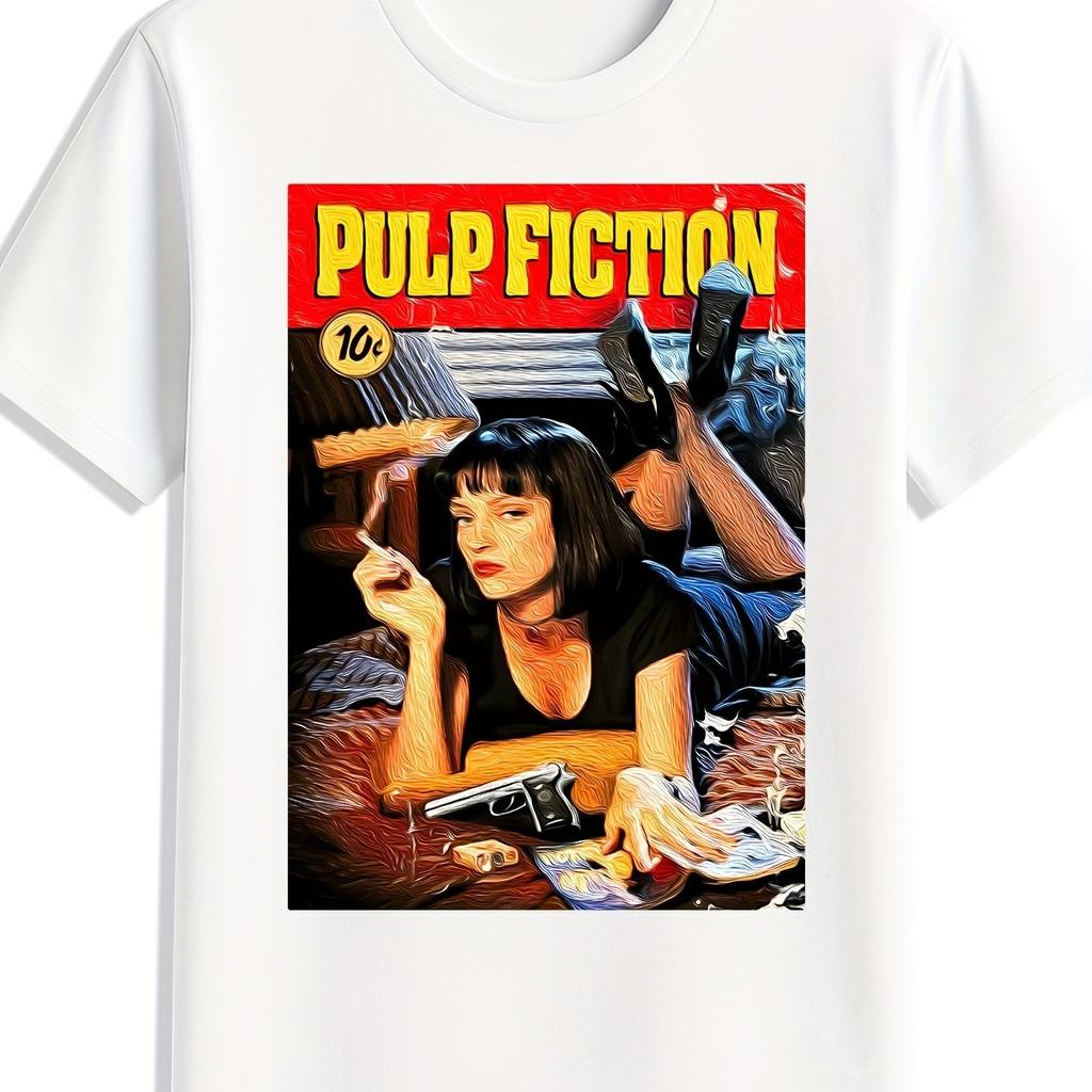 Unisexs Pulp Fiction Graphic Tshirt Black Casual Crew Neck Tee With Iconic Movie Design