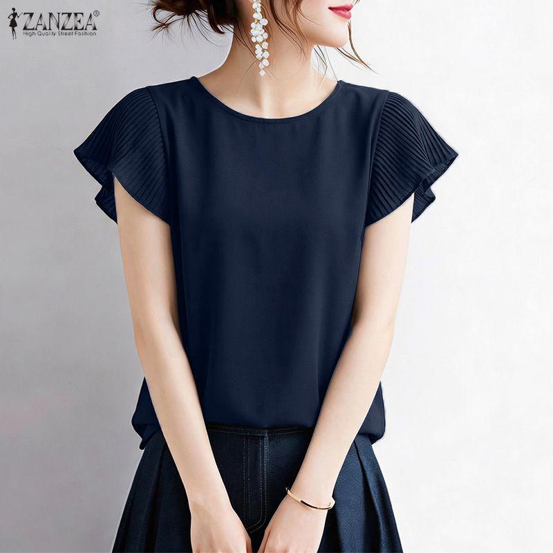 ZANZEA Blusa da donna casual a girocollo, tinta unita, manica corta larga