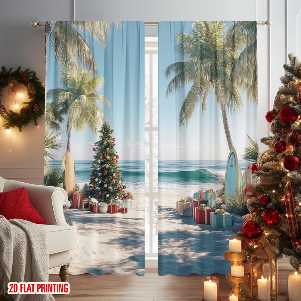 Set Of 2 Flat Printing Merry Christmas Drapes Beach Tree Surfboard Gifts Polyester Without Electricity Spring Use Curtain