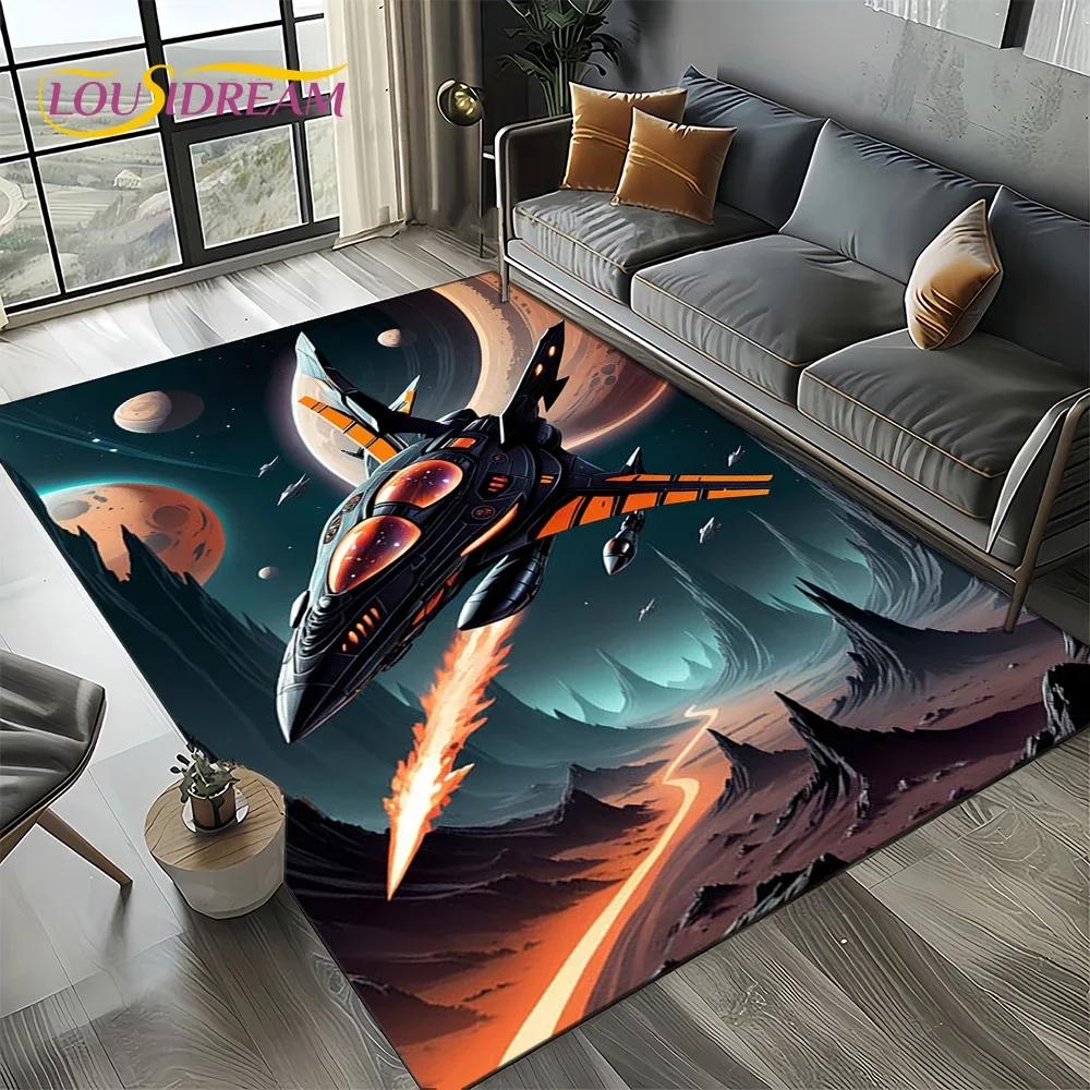 Cartoon 3D Space Spitfire Aircraft Air Force Jet Fighter Carpet Rug for Living Room Bedroom Sofa Decoration,Non-slip Floor Mat