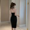 GMXIA Dress Elegant Herben Black Sexy Deep V Hanging Neck Temperament Slim-fit Wrap Buttock Slit Dress