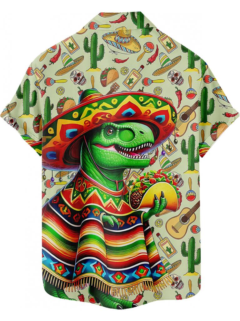 Mexican Style Men'S Hawaiian Shirt 3D Digital Print Funny Dinosaur Pattern Casual Shirt Beach Vacation Button- Summer Clothing Aloha Shirt