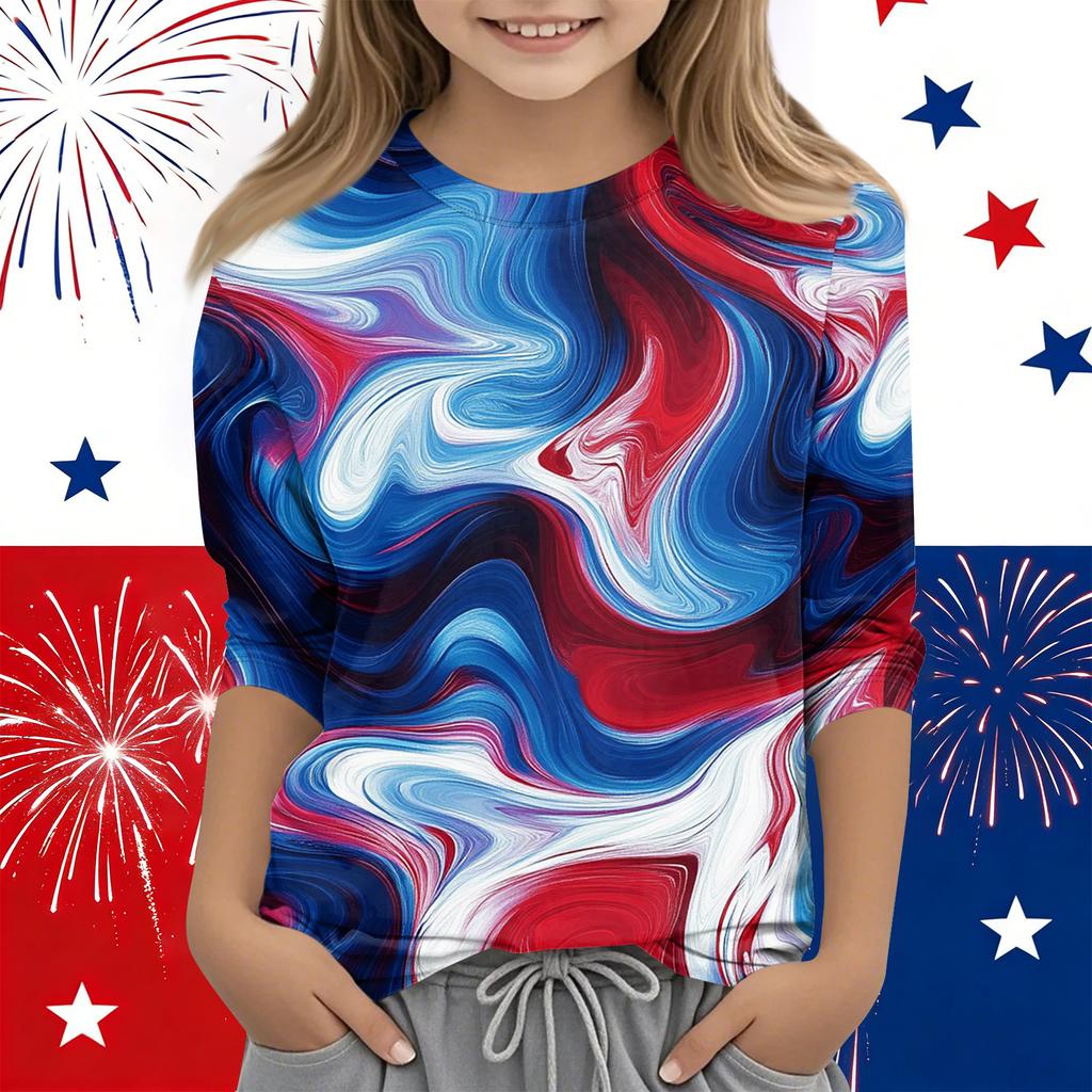 Print Tops For Youth Girls Round Neck 3/4 Sleeves T-Shirts Trendy Tops Outfit Tees Independence Day