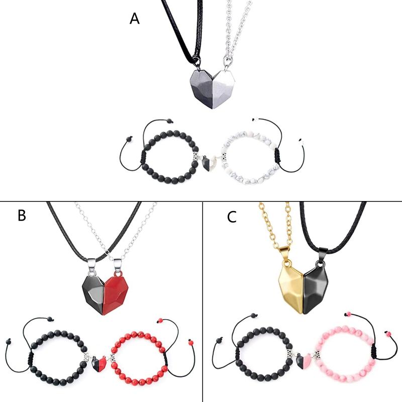 4x Magnetic Couple Bracelet Set Heart Pendant Matching Necklace Forever Love Jewelry Gifts for Couple Best Friends