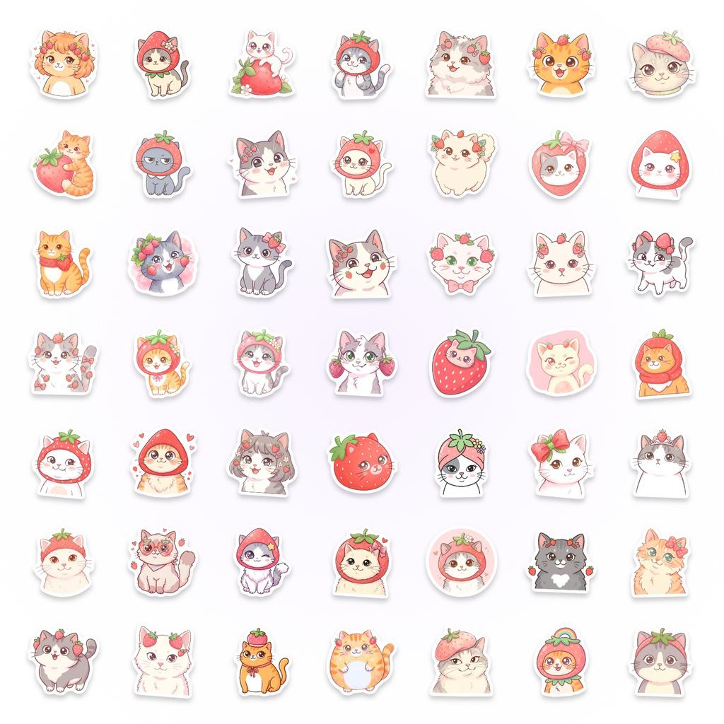 Exclusive For 50 Watercolor Strawberry Cat Stickers Cute Cartoon Animal Cat Head Stickers Waterproof