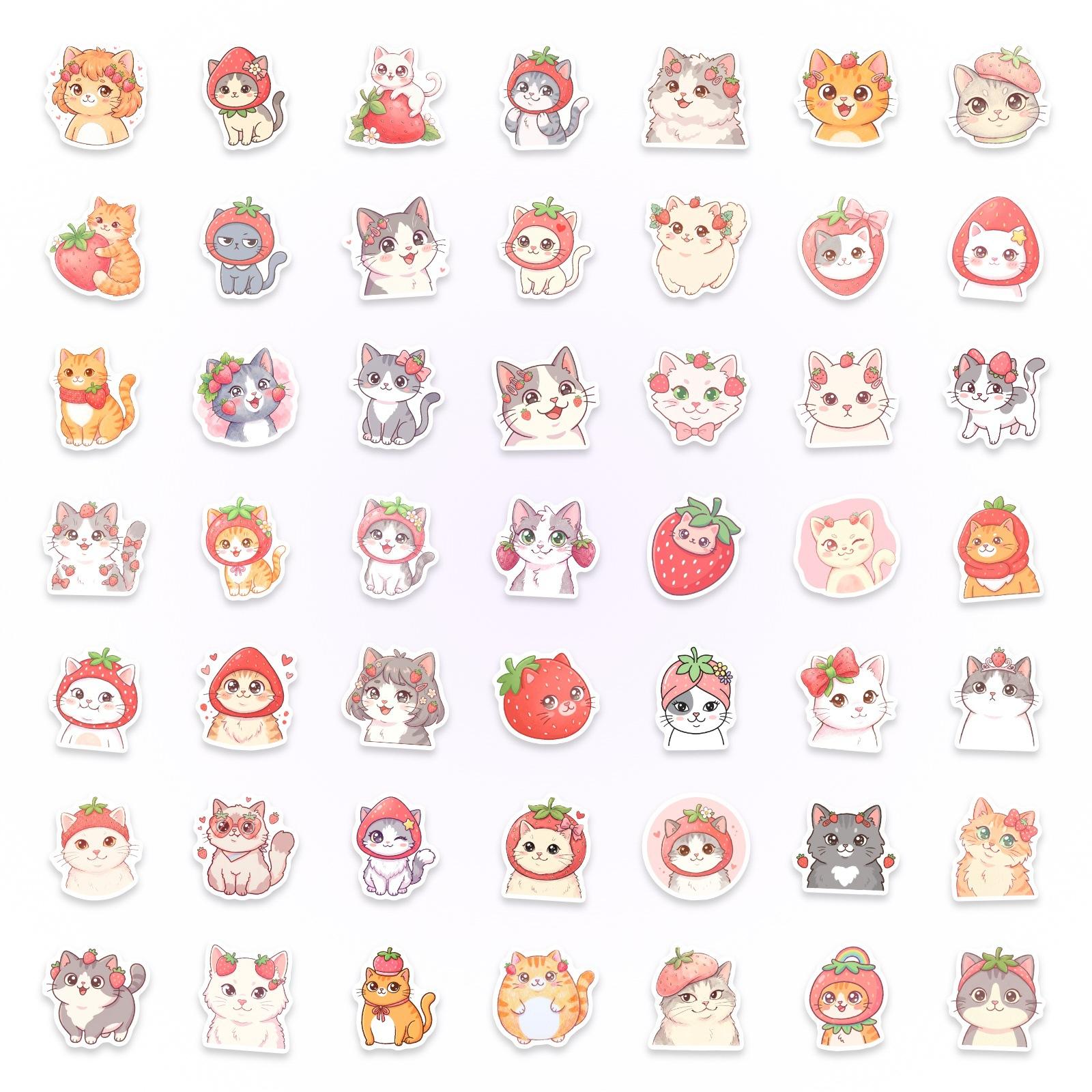 Exclusive For 50 Watercolor Strawberry Cat Stickers Cute Cartoon Animal Cat Head Stickers Waterproof