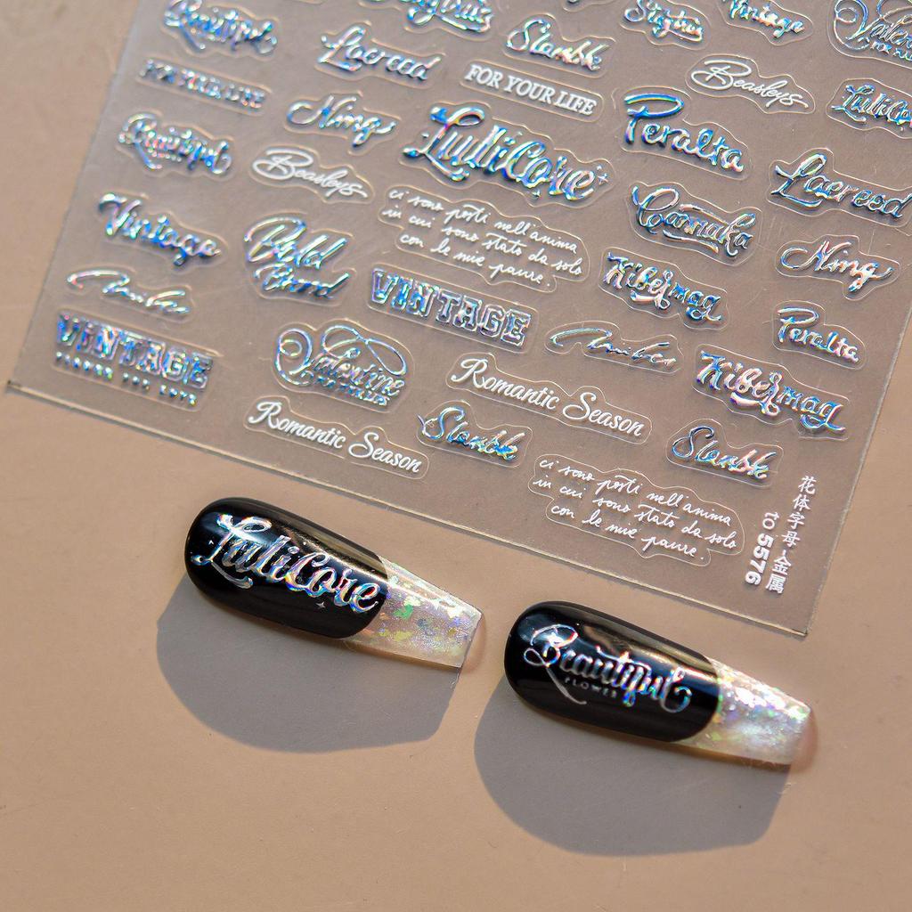 Tomoni Trendy Laser Nail Stickers: Modern Simple Script Letter Decor