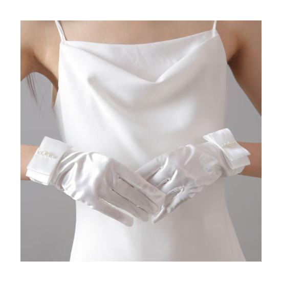 Satin Bride Gloves Short Tulle Wedding Gloves Sheer Wrist Gloves with Bow Faux Pearls for Prom Evening Opera Tea Party